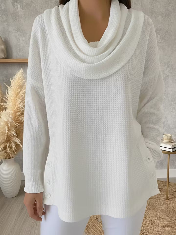 Solid-color Turtleneck Pullover Long-sleeve Womens Top With Buttons by Ricaloux