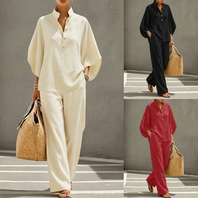 Women's Two Piece Outfit Stand Collar Half Button Batwing Sleeve Top & Wide Leg Pants Set Casual Blend Loose Tracksuit For Summer – Premium 4 | RICALOUX