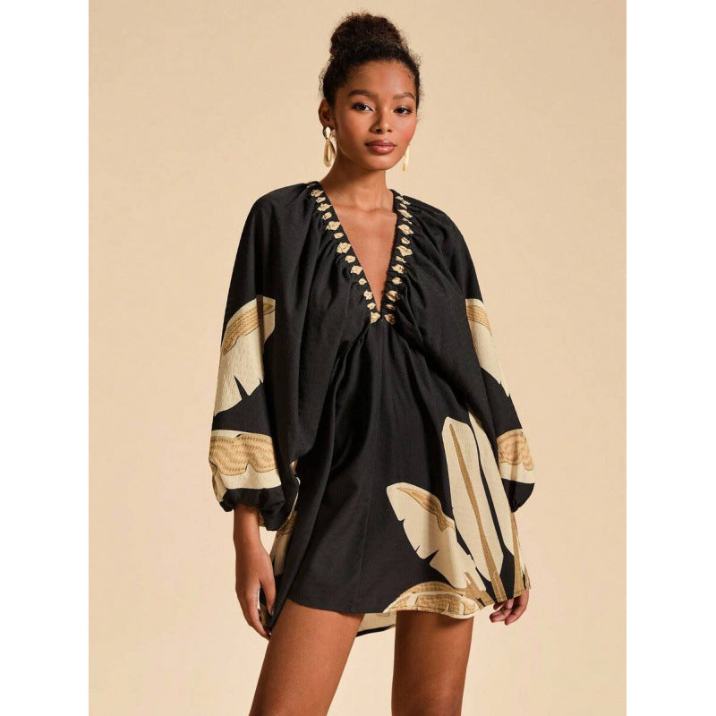 Womens Short Printed Long-Sleeve V-Neck Dress by Ricaloux