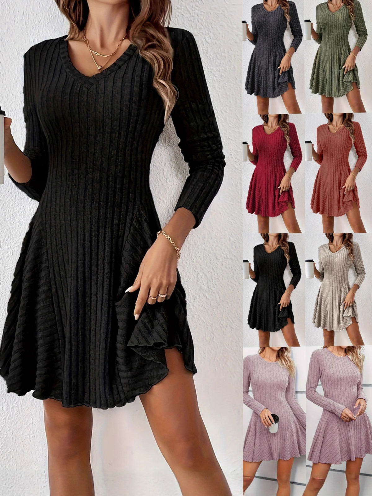Women's V-Neck Long Sleeve Ribbed Knit Ruffle Hem Mini Dress - Casual Bodycon Flared Swing Dress, Multiple Colors Available – Premium 4 | RICALOUX