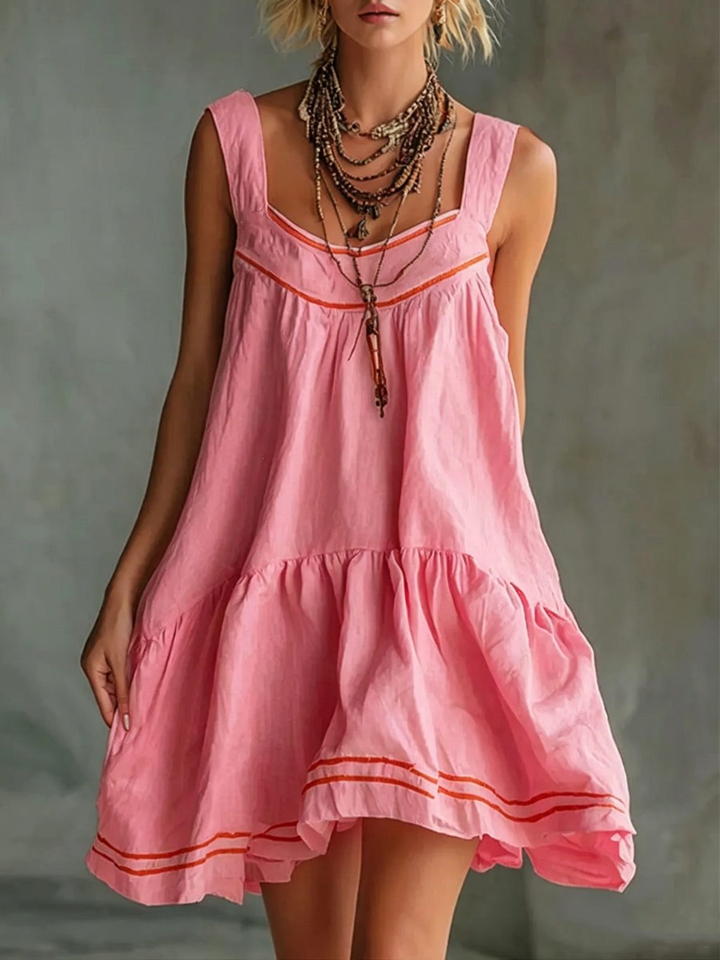 New Retro Casual Chic Embossed Comfortable Solid-color Cotton-linen Mini Slip Dress by Ricaloux