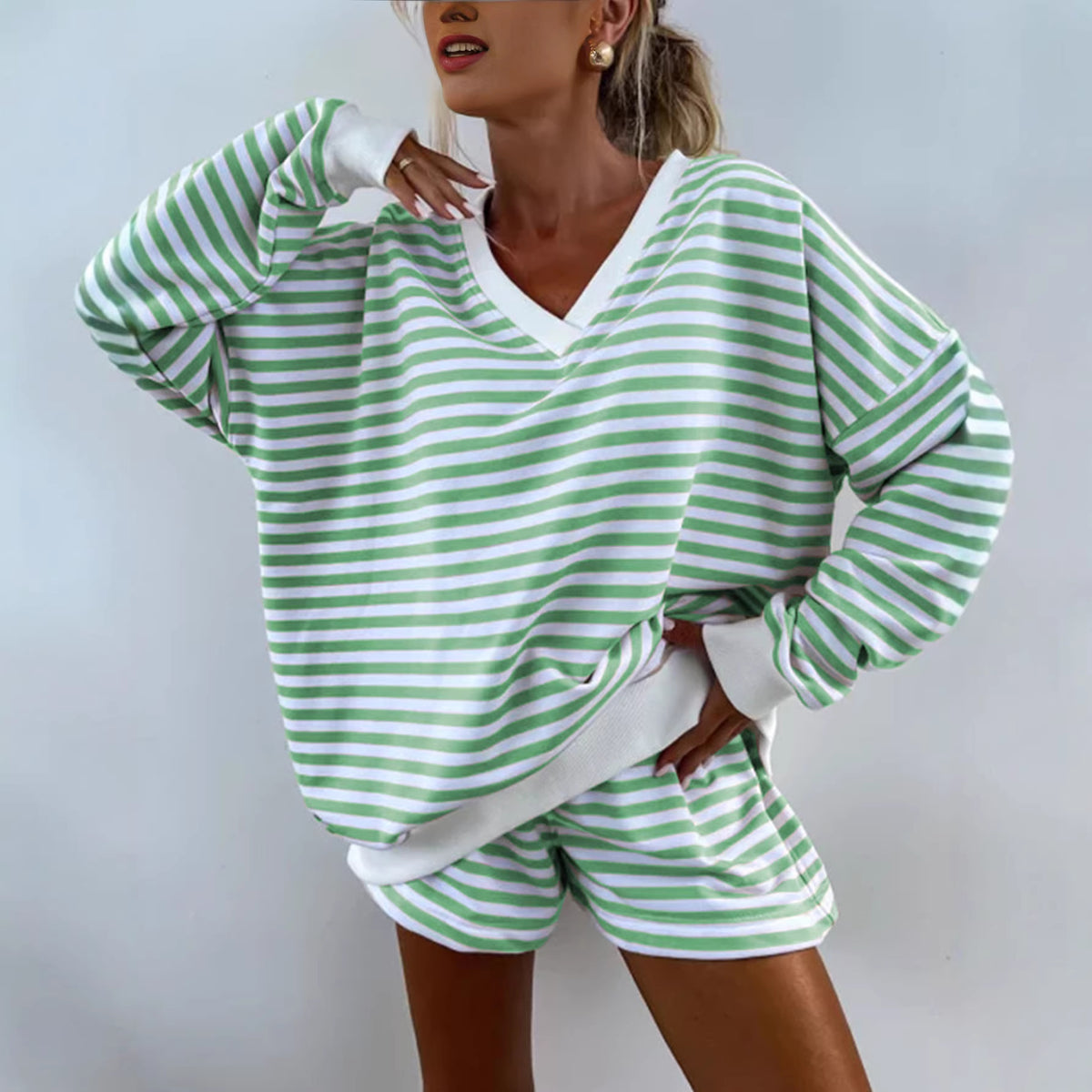 Womens Striped V-Neck T-Shirt And Shorts Set – Premium 0 | RICALOUX