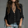 Womens Casual Solid-Color Long-Sleeve Top With A Relaxed V-Neck – Premium 0 | RICALOUX