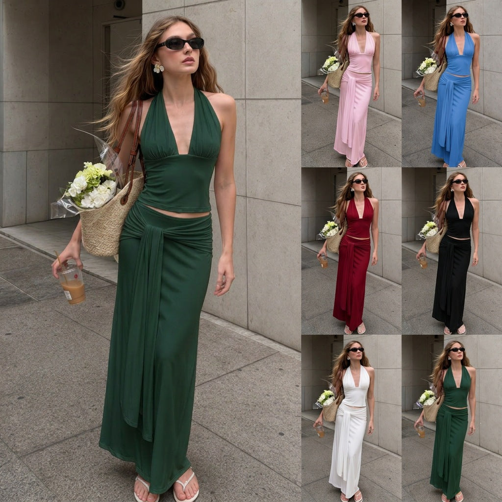 Girl-group-style Halter-neck Vest And Midi Skirt Two-piece Set by Ricaloux