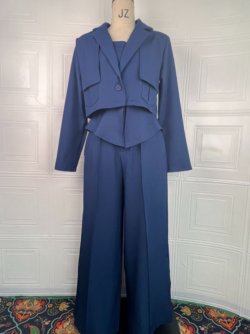 Womens Solid-color Elegant Blazer And Wide-leg Suspender Pants Set by Ricaloux
