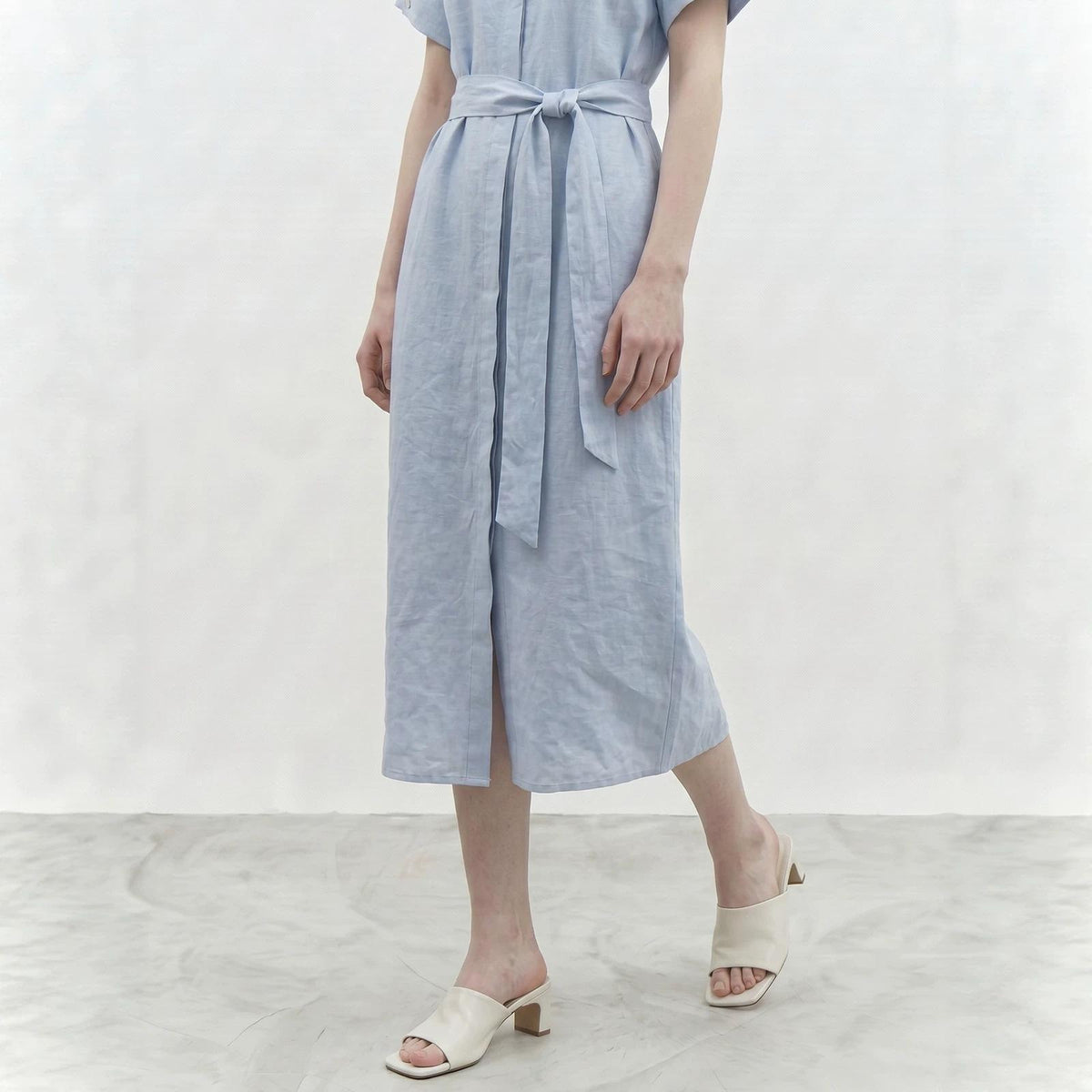 Womens Linen Shirt Dress With A Turn-down Collar And A Fitted Waist – Premium 0 | RICALOUX