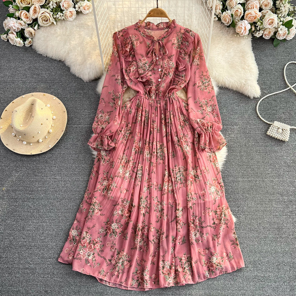 Womens Casual Round-neck Chiffon Dress With Ruffled Trim And Floral Print – Premium 0 | RICALOUX