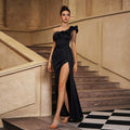 One-Shoulder Evening Gown With Beaded Arm Detail by Ricaloux