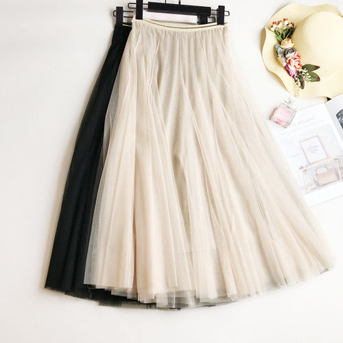 Elastic-waist Mid-length Slim-fit Mesh Skirt Fluffy Skirt Tulle Skirt by Ricaloux