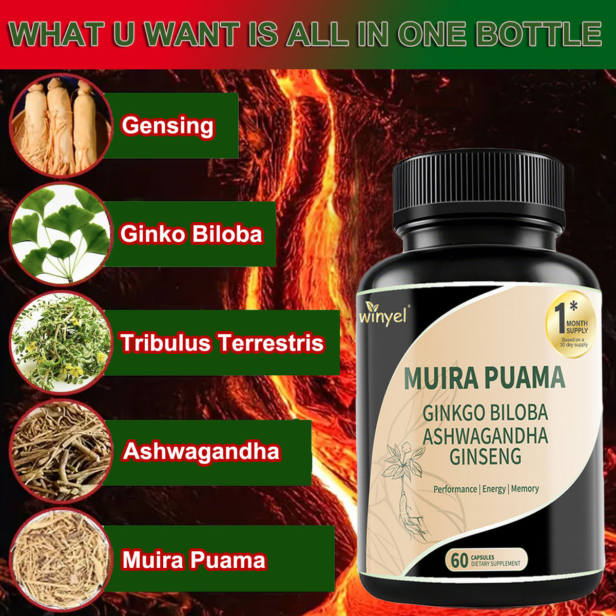Muira Puama Ginseng Ashwagandha Ginkgo Tribulus Herbal Supplements Unleash Your Potential Through Our Pills Dietary Supplements, Help Promote An Active And Healthy Lifestyle 60 Capsules by Ricaloux