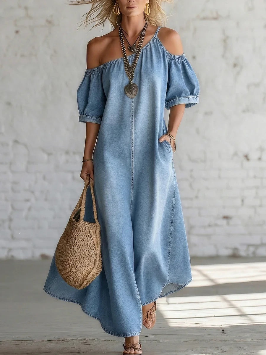 Loose-fit Chic Off-shoulder Slit Denim Maxi Dress by Ricaloux