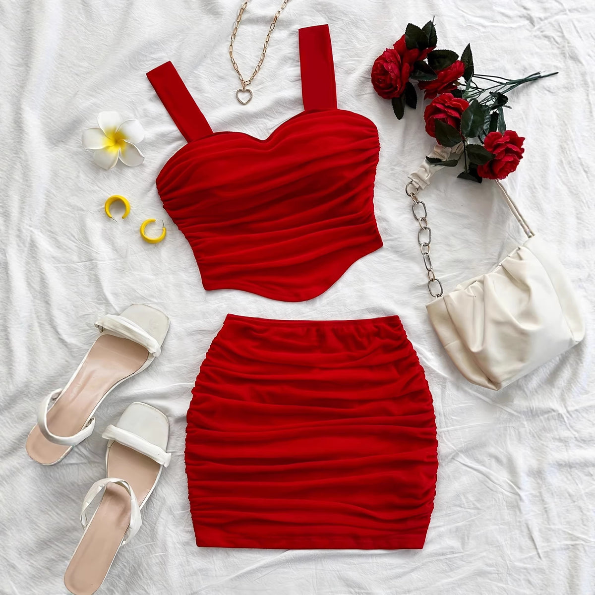 Womens Fashionable And Sexy Cinched-At-The-Waist Tube Top Set by Ricaloux