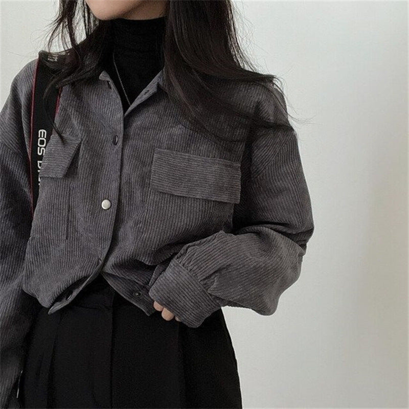 Notch-collar Cropped Drawstring Long-sleeve Shirt Corduroy Jacket – Premium 0 | RICALOUX
