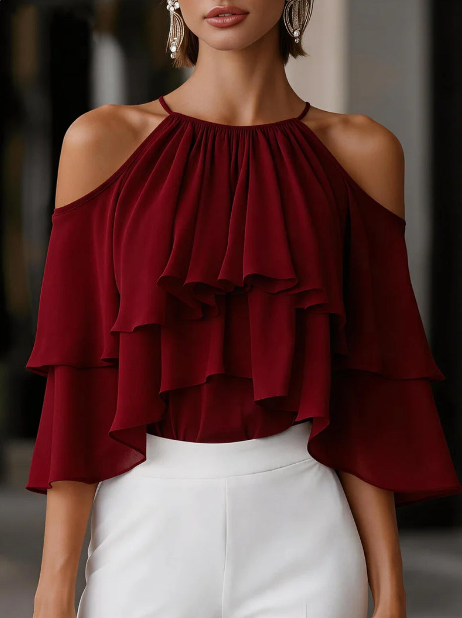 Summer Stylish And Elegant Versatile Off-shoulder Ruffled Chiffon Blouse – Premium 0 | RICALOUX