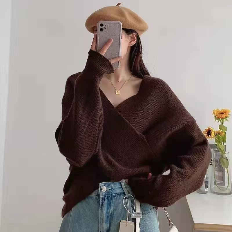 V-neck Solid-color Off-shoulder Knit Pullover For Women – Premium 0 | RICALOUX