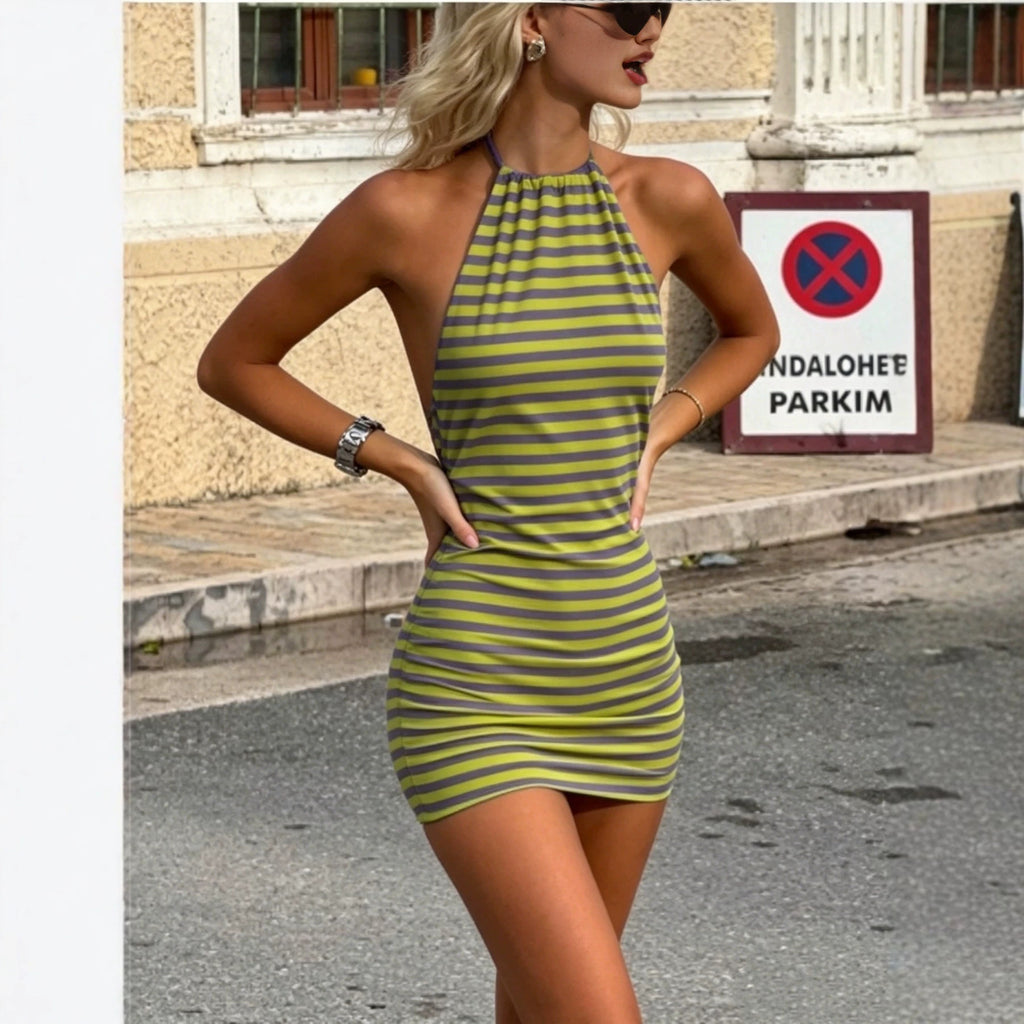Striped-print Halter-neck Backless Dress by Ricaloux