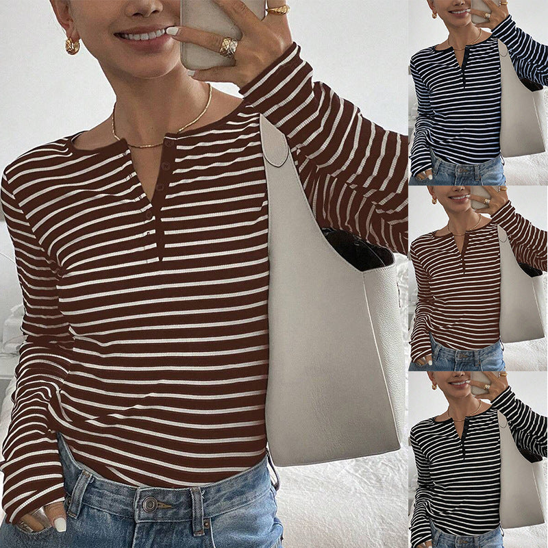 Striped Loose-Fit Long-Sleeve T-Shirt Casual Fashion Top For Women – Premium 0 | RICALOUX