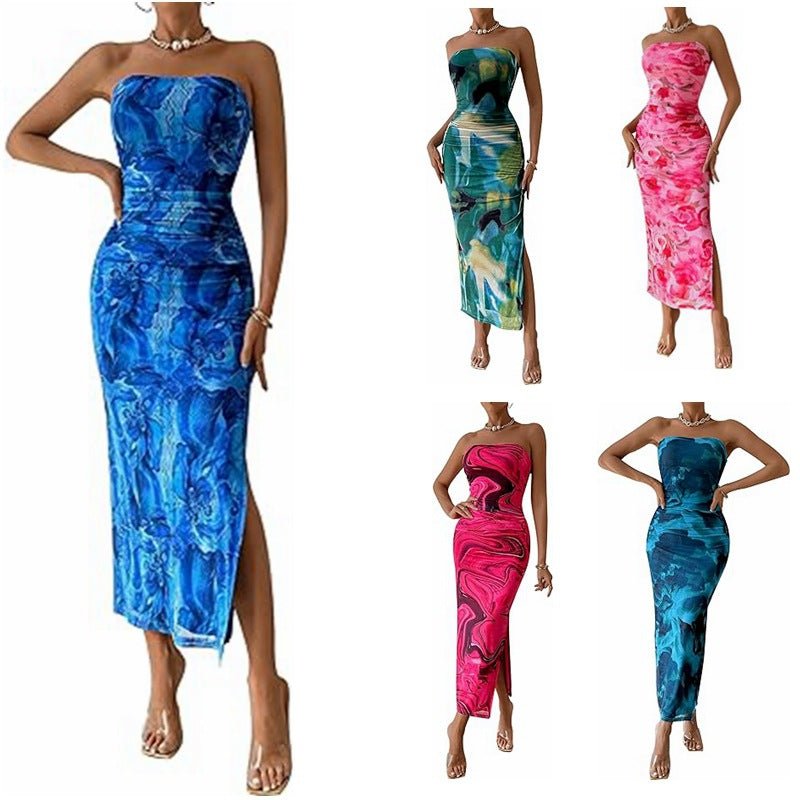 Women's Clothing Slit Hemline At Hem Sleeveless Printed Dress - RICALOUX