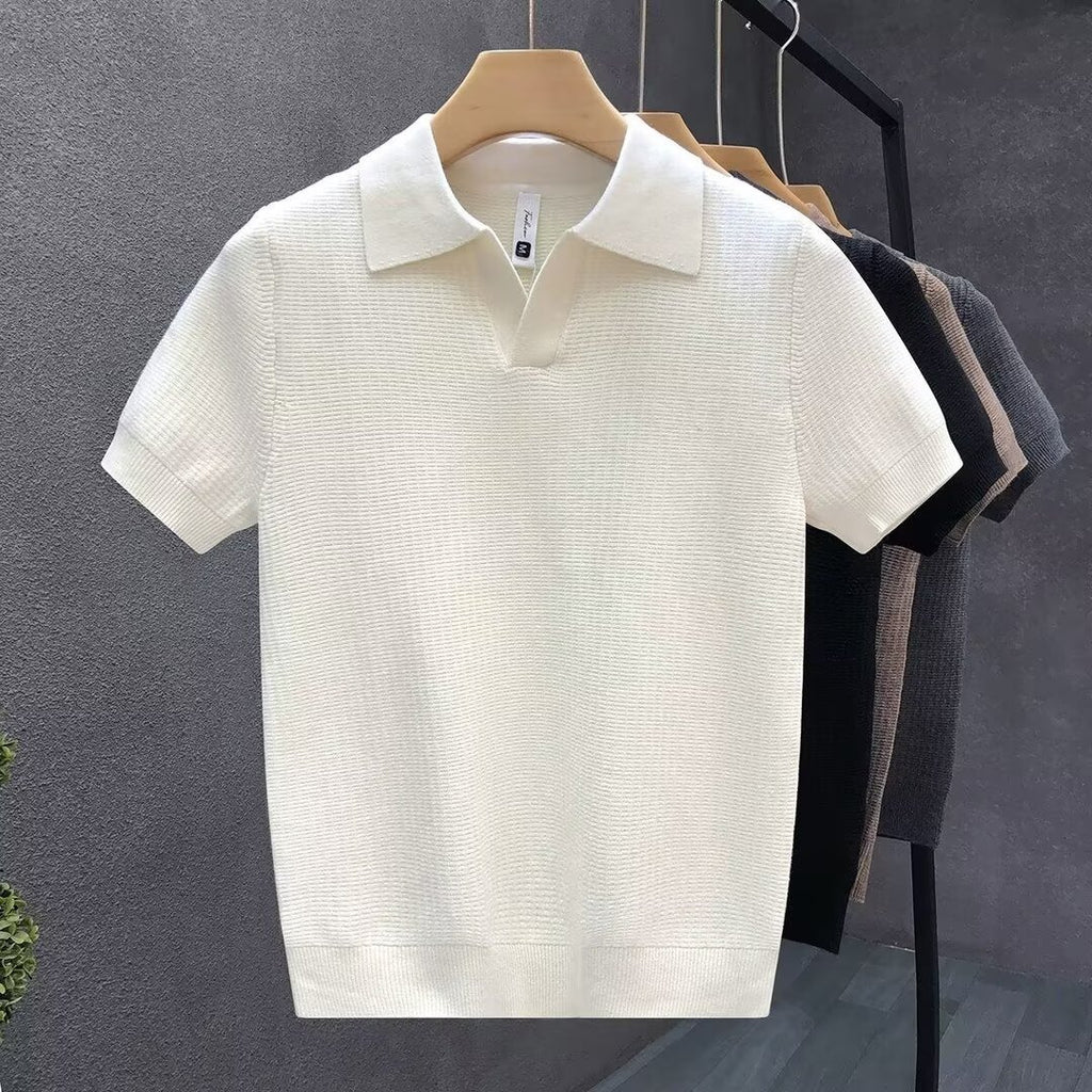 Stylish Slim-Fit Short-Sleeve Lapel Knitted Base Layer Shirt by Ricaloux
