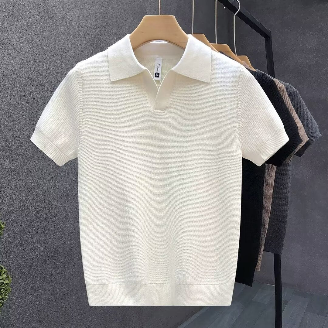Stylish Slim-Fit Short-Sleeve Lapel Knitted Base Layer Shirt by Ricaloux