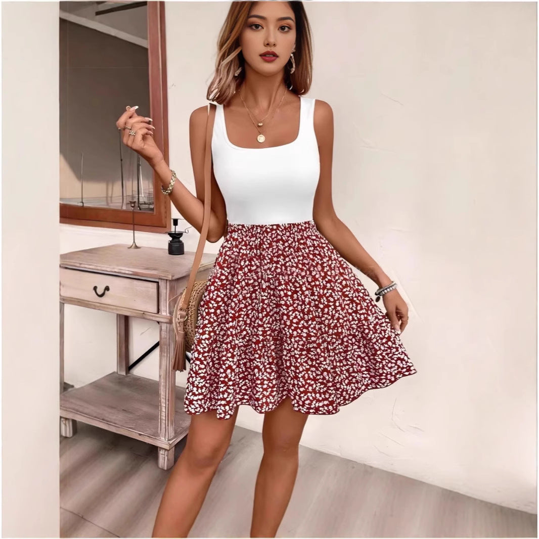 Floral-print A-line Dress With A Floral Pattern And A Vest Design by Ricaloux