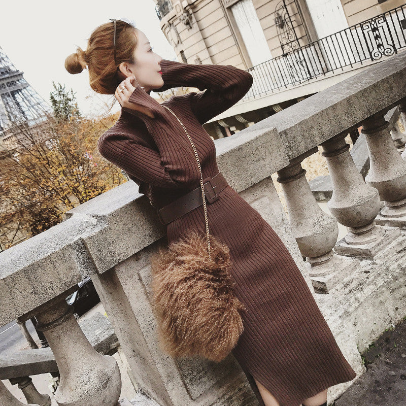 Turtleneck Knitted Split-front Dress by Ricaloux