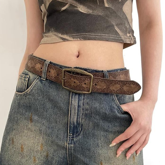 American-style Vintage Embossed Distressed Leather Belt With A Bronze Buckle, Versatile For Jeans by Ricaloux