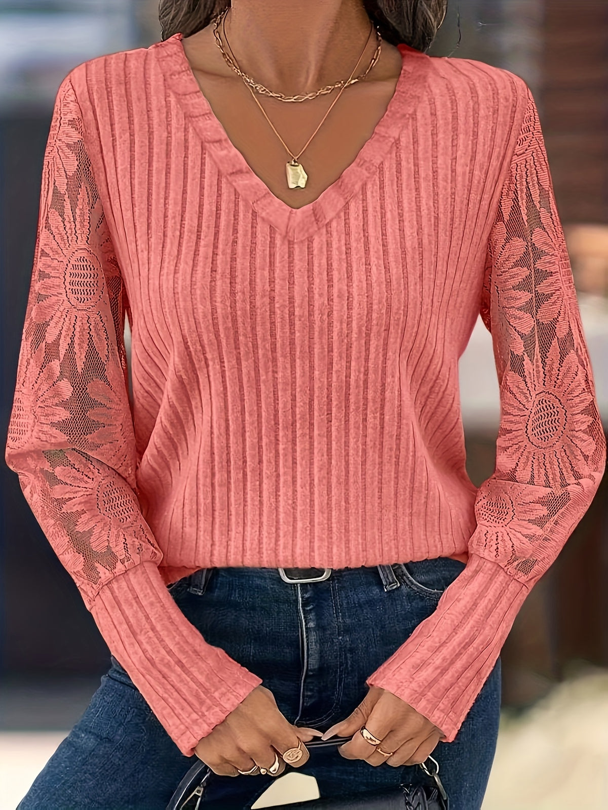 Knitted Patchwork Lace Long-sleeved Top by Ricaloux