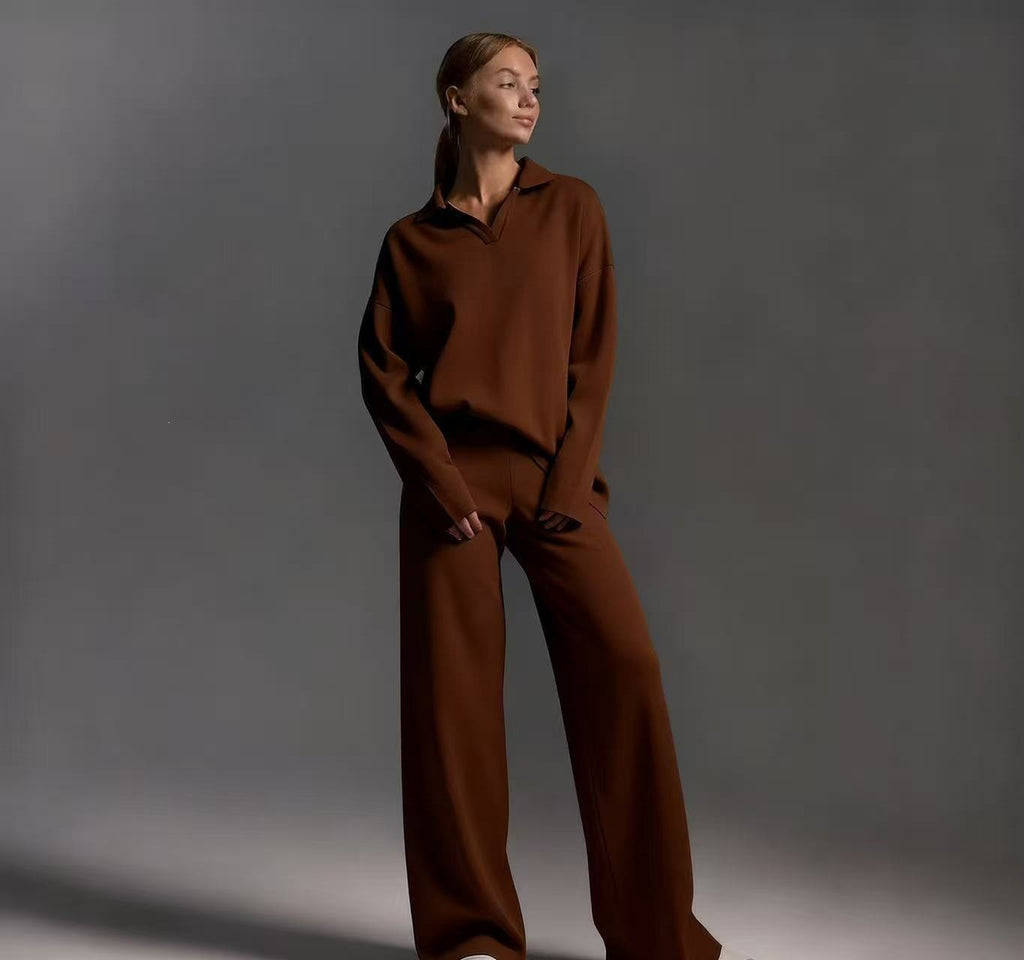 Womens Solid-color Polo-collar Wide-leg Pants Set by Ricaloux