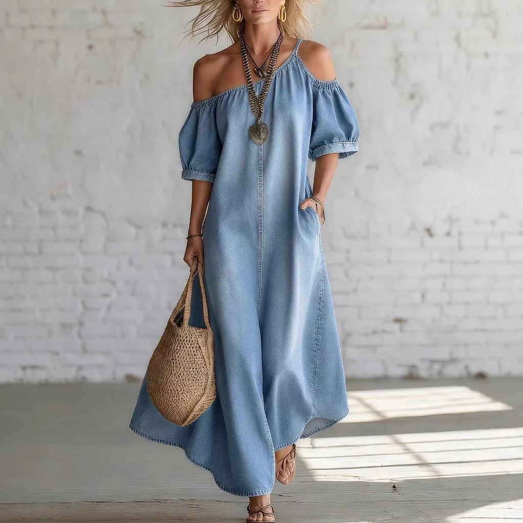 Loose-fit Chic Off-shoulder Slit Denim Maxi Dress by Ricaloux