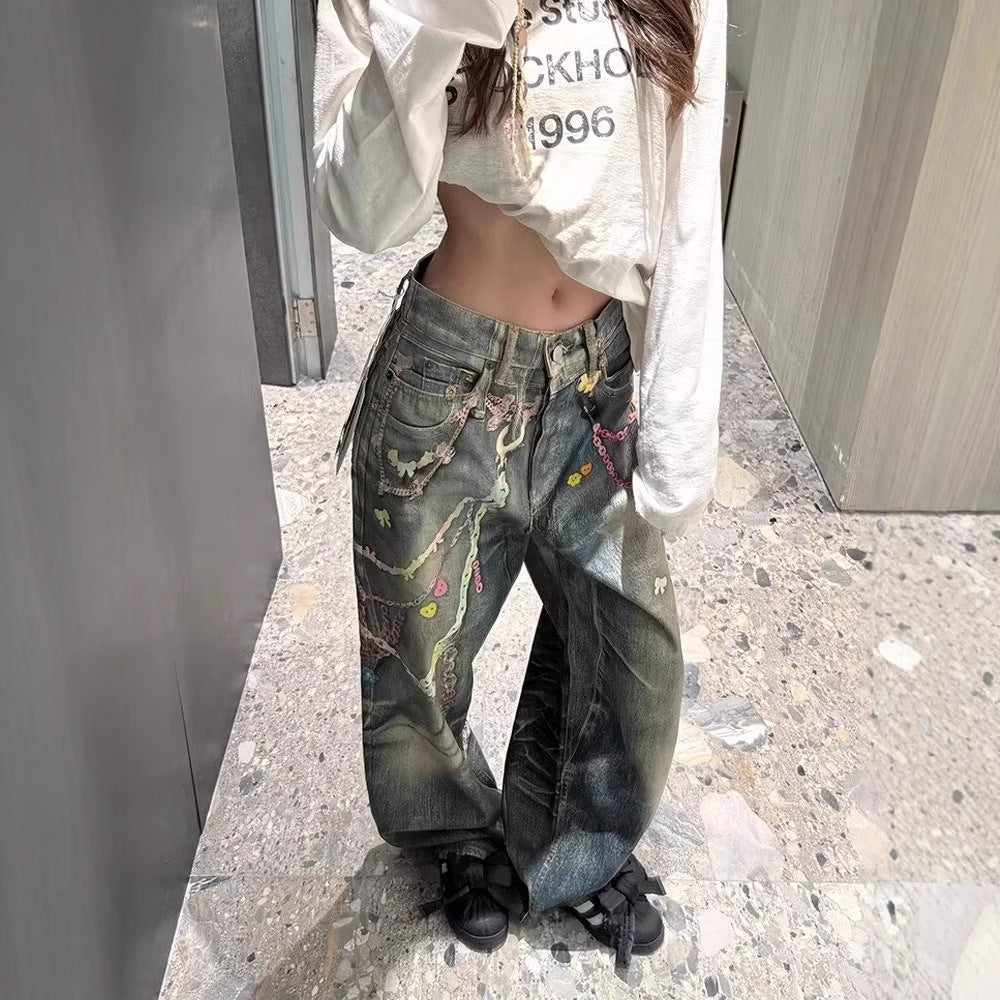Womens Floor-length Printed Denim Jeans With A Chain Detail – Premium 0 | RICALOUX