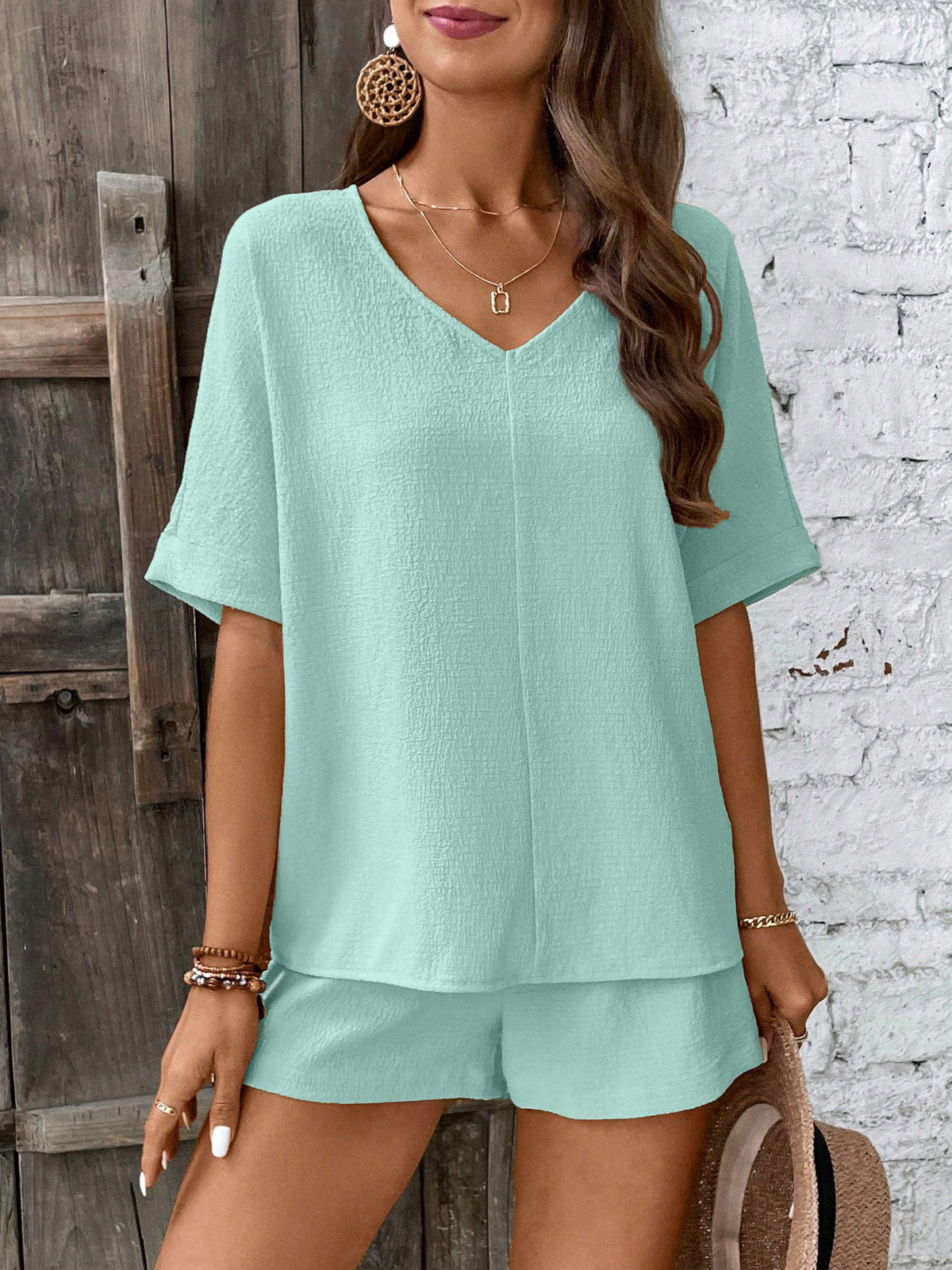 Women's Textured V-Neck Short Sleeve Top & Drawstring Shorts Two Piece Set - Casual Loose Loungewear Set by Ricaloux