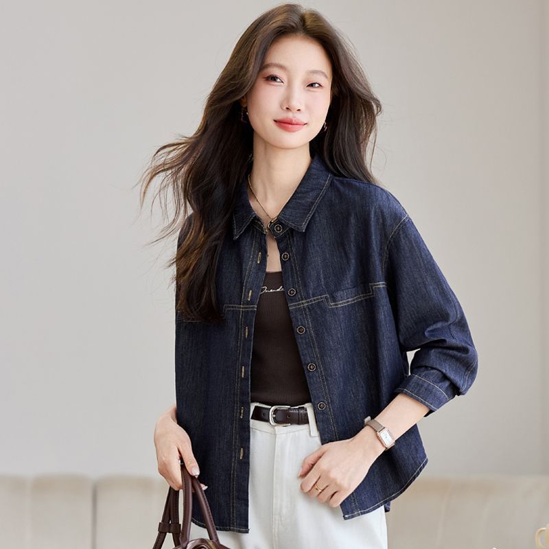 Dark Blue Long-sleeve Denim Shirt Womens Loose Fit – Premium 0 | RICALOUX