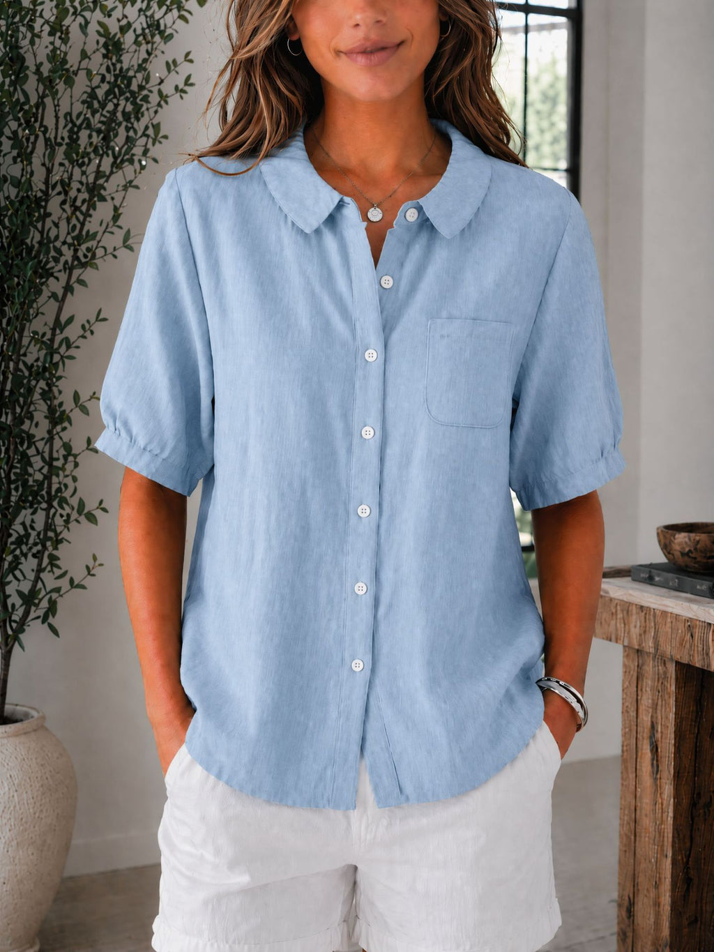 Womens Solid-color Loose-fit Casual Work Top by Ricaloux