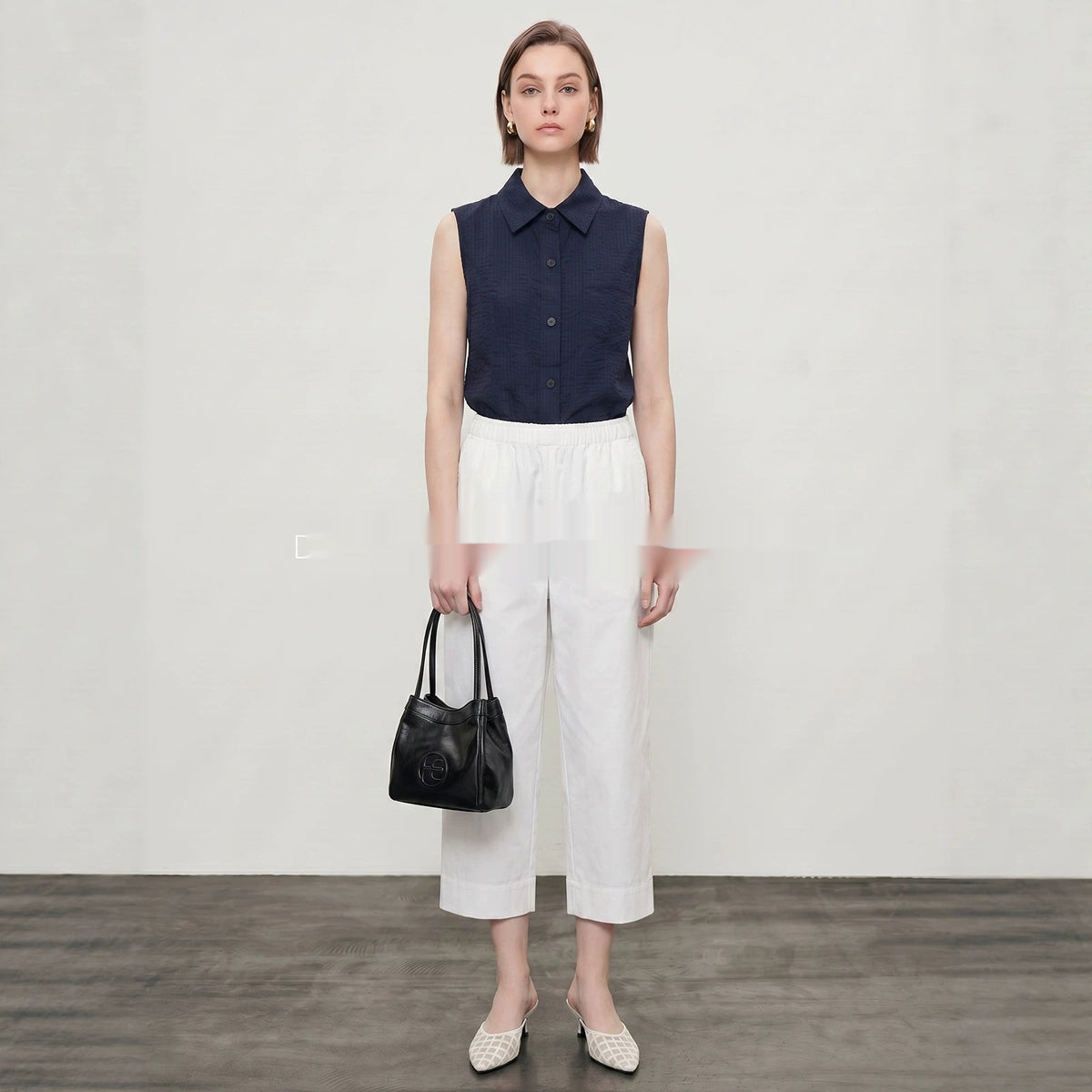 Womens Sleeveless Shirt With Lapel Collar Breathable Navy-Blue Commuter Top For Summer by Ricaloux