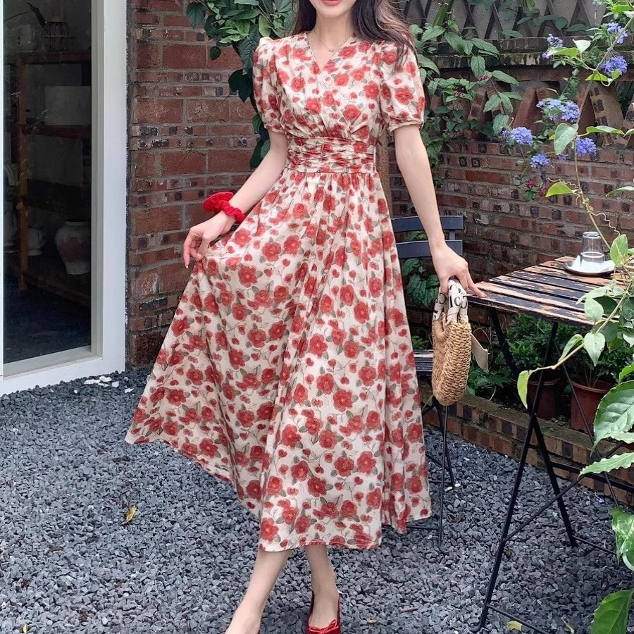 French-style Vintage Red V-neck Floral-print Dress For WomenSummer by Ricaloux