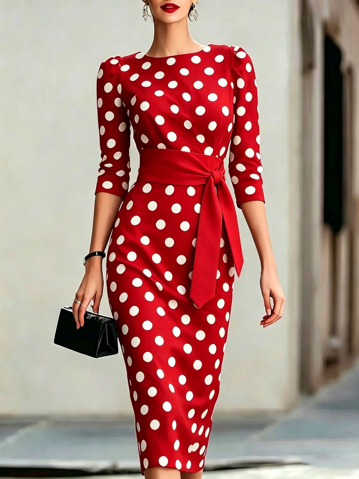 Women Elegant Black White Polka Dot Midi Dress With Waist Belt Three-Quarter Sleeve O Neck Pencil Bodycon Formal Work Office Party Dress by Ricaloux