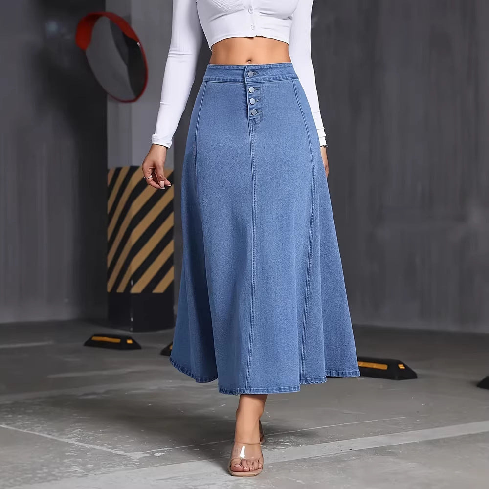 Womens Solid-Color Buttoned Hem Denim Skirt by Ricaloux