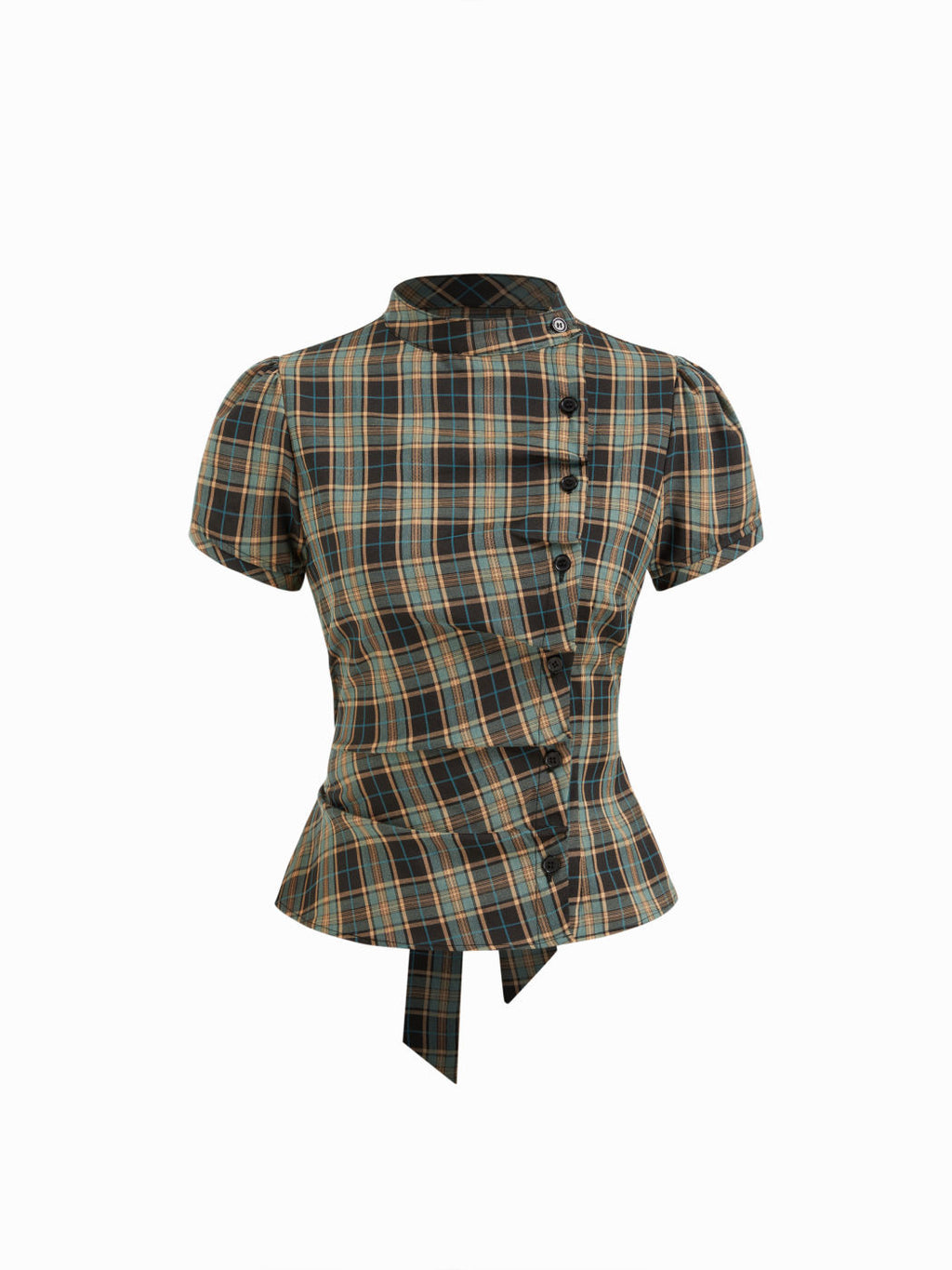 Korean-style Retro Color-block Plaid Stand-collar Short-sleeve Shirt by Ricaloux