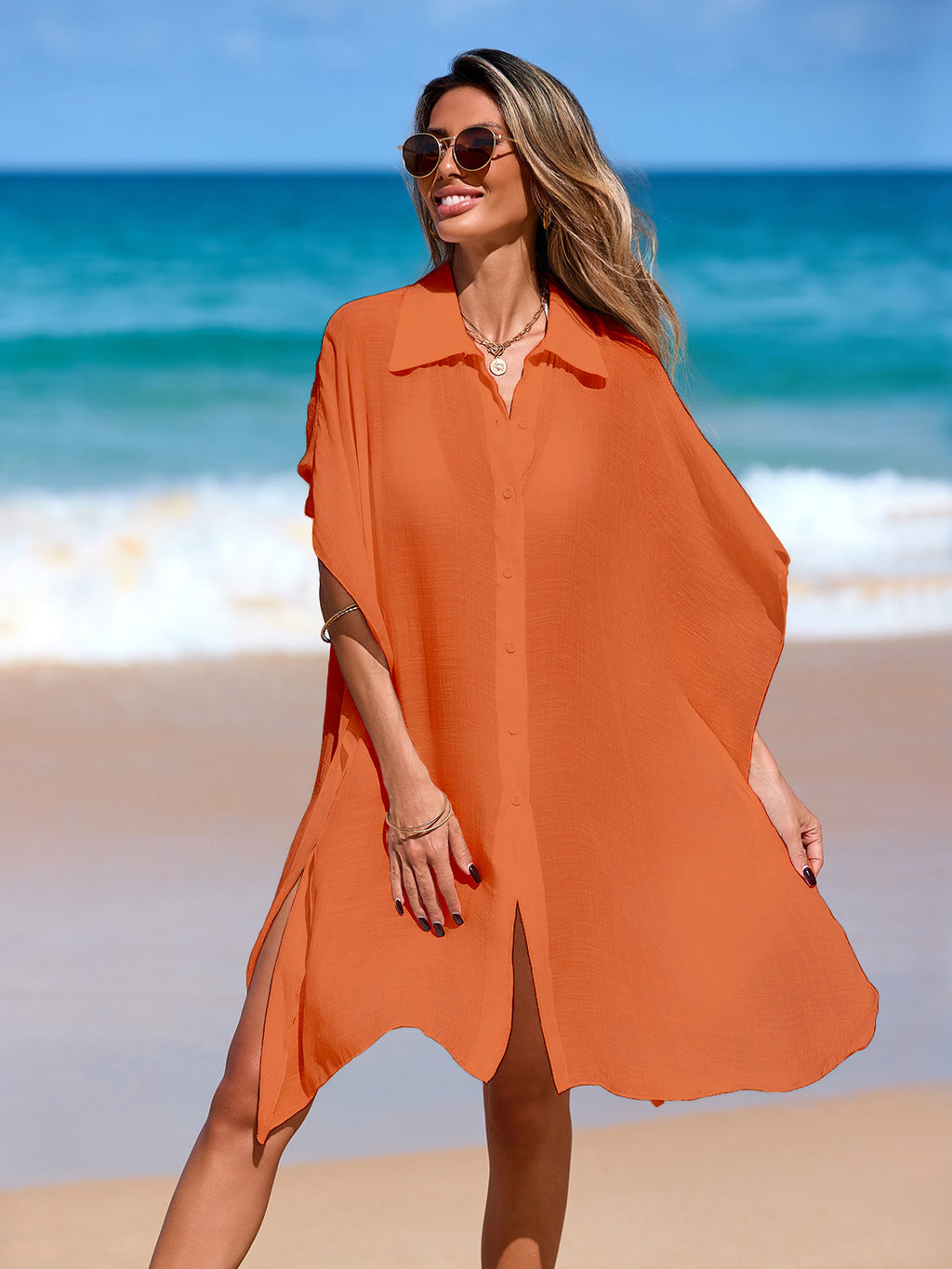 2026 Beach Cover Up, Polo Collar Shirt Dress, Sheer Loose Short Sleeve Bikini Cover Up – Premium 4 | RICALOUX