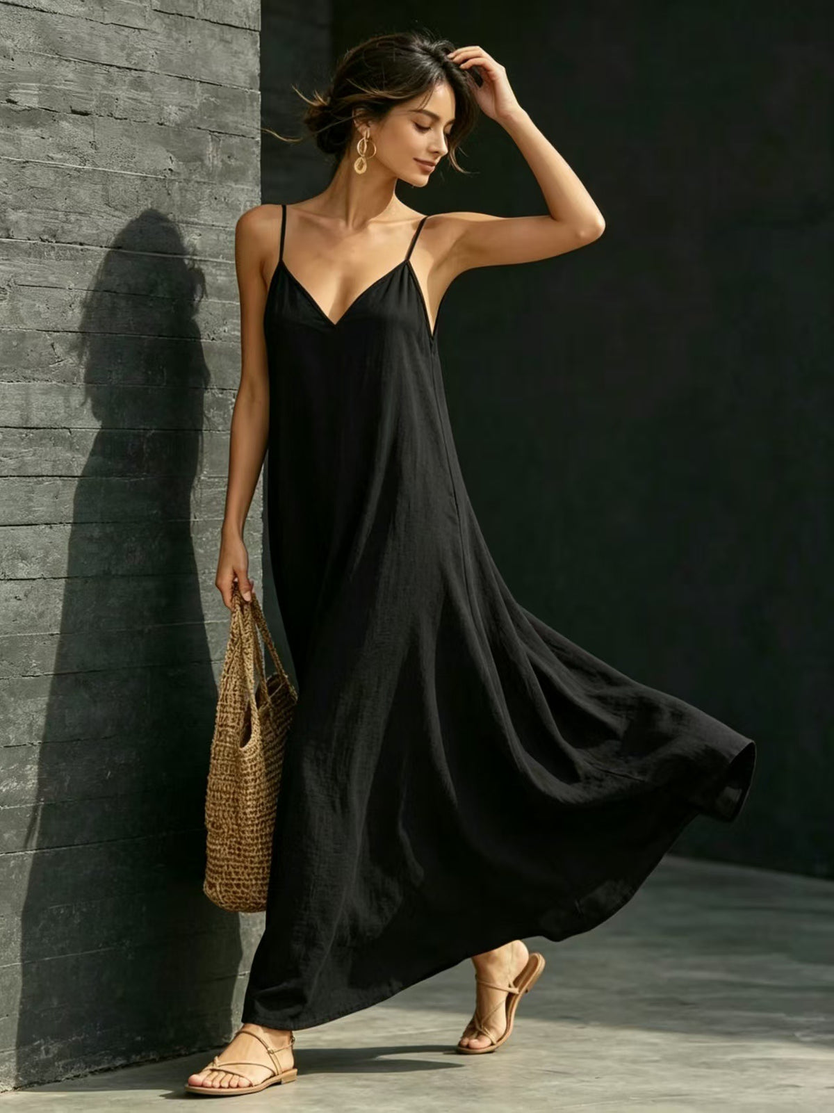 Summer V-Neck Spaghetti Strap Flowy Maxi Dress - Casual Fashion Solid Color Long Dress For Women Vaction Dress – Premium 4 | RICALOUX