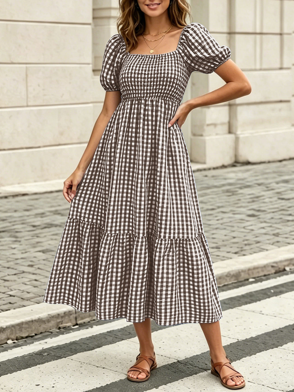 Women's Gingham Puff Sleeve Square Neck Smocked Tiered Maxi Dress - Casual Summer Beach Dress – Premium 4 | RICALOUX