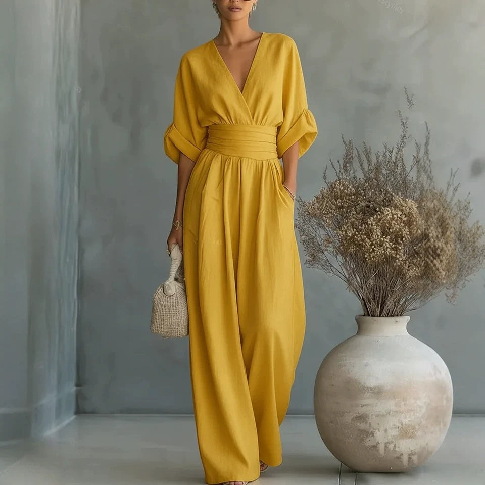 Summer Short-sleeved Jumpsuit Fashion Casual V-Neck Wide-Leg Pants Womens Clothing by Ricaloux