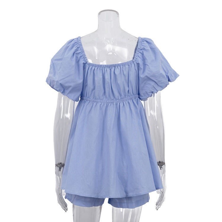 V-neck Puff Sleeve Tie-up Top And Loose Shorts Two-piece Set by Ricaloux
