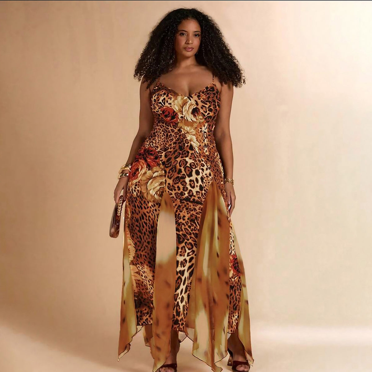 Mesh-panel Digital-print Camisole Dress by Ricaloux