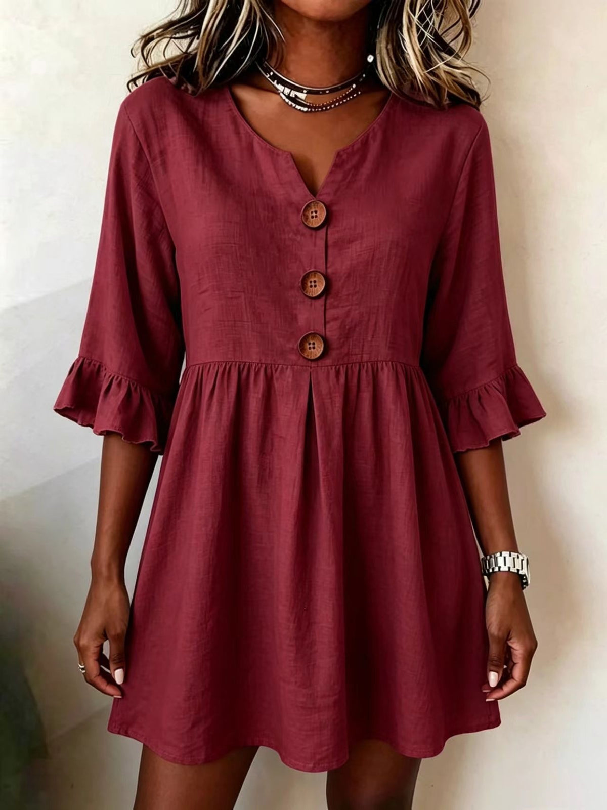 Womens V-neck Cotton-linen Side-detailed Dress – Premium 0 | RICALOUX