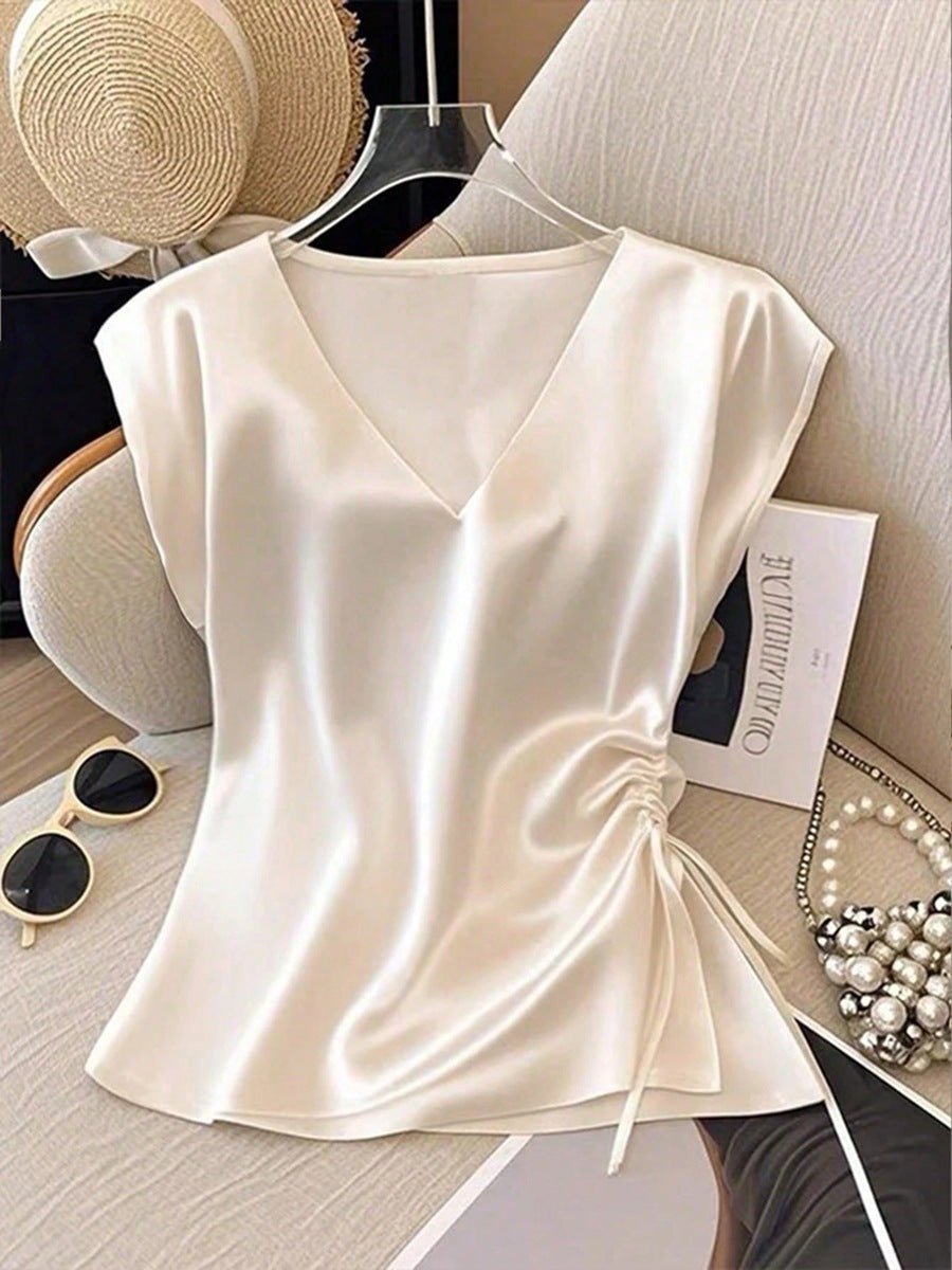 Womens Solid-Color Casual Satin V-Neck Top With Drawstring Hem - RICALOUX
