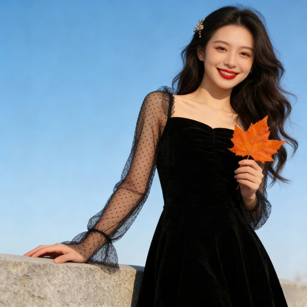 Korean-style Retro Elegant Chiffon-Sleeved A-line Dress by Ricaloux