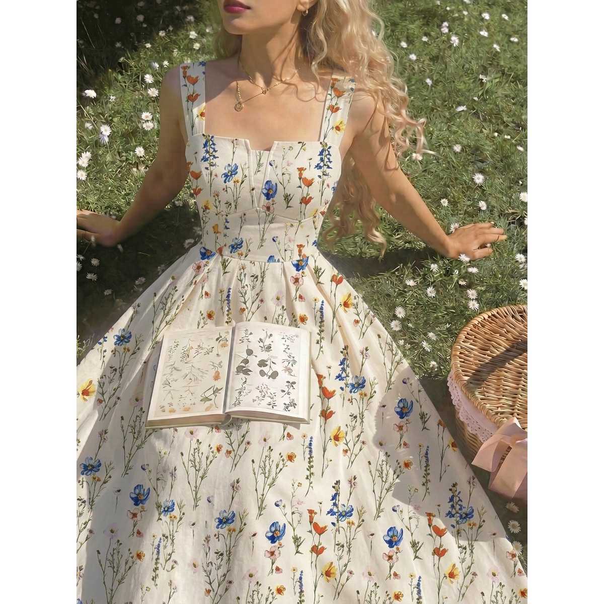 Long Cable-knit Dress With Blue And White Floral Print by Ricaloux