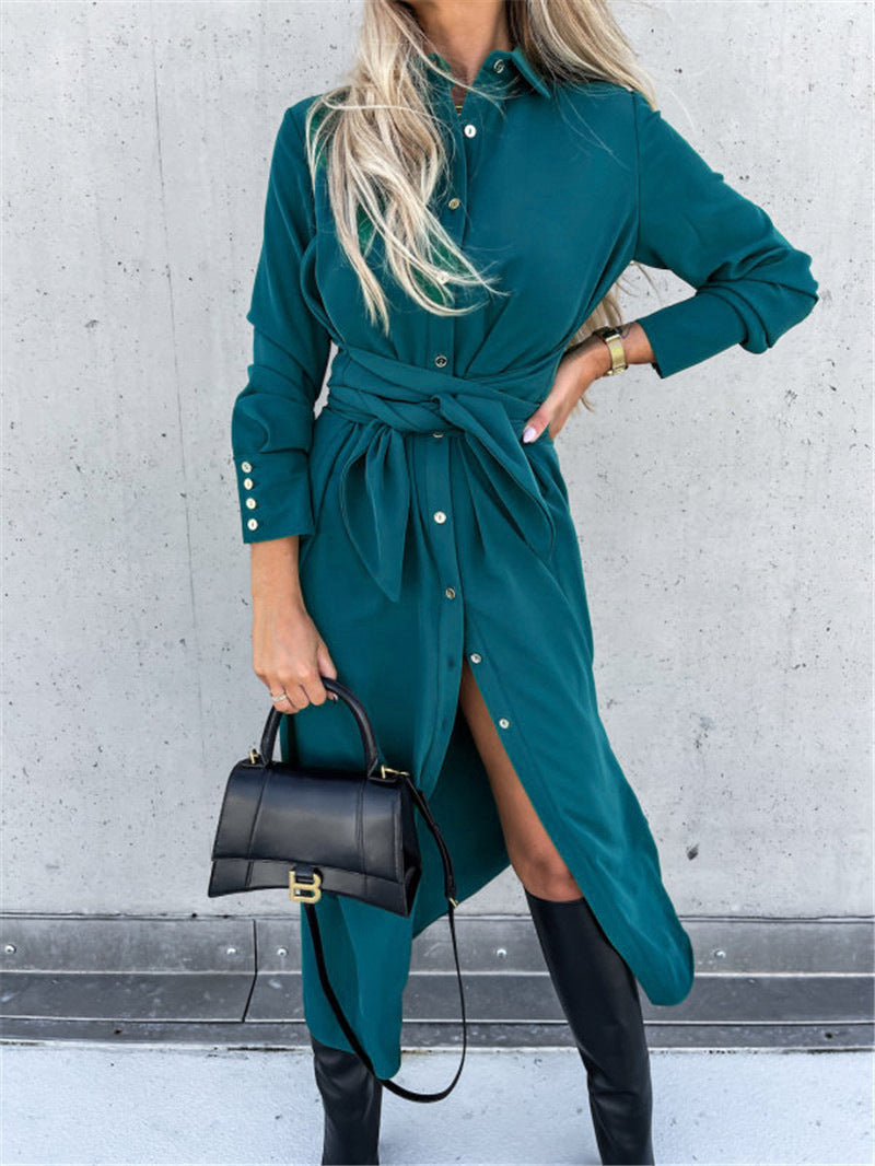 Women's Elegant Lapel Collar Long Sleeve Button Down Belted Shirt Dress, Casual Maxi Dresses With Slit For Office & Daily Wear by Ricaloux
